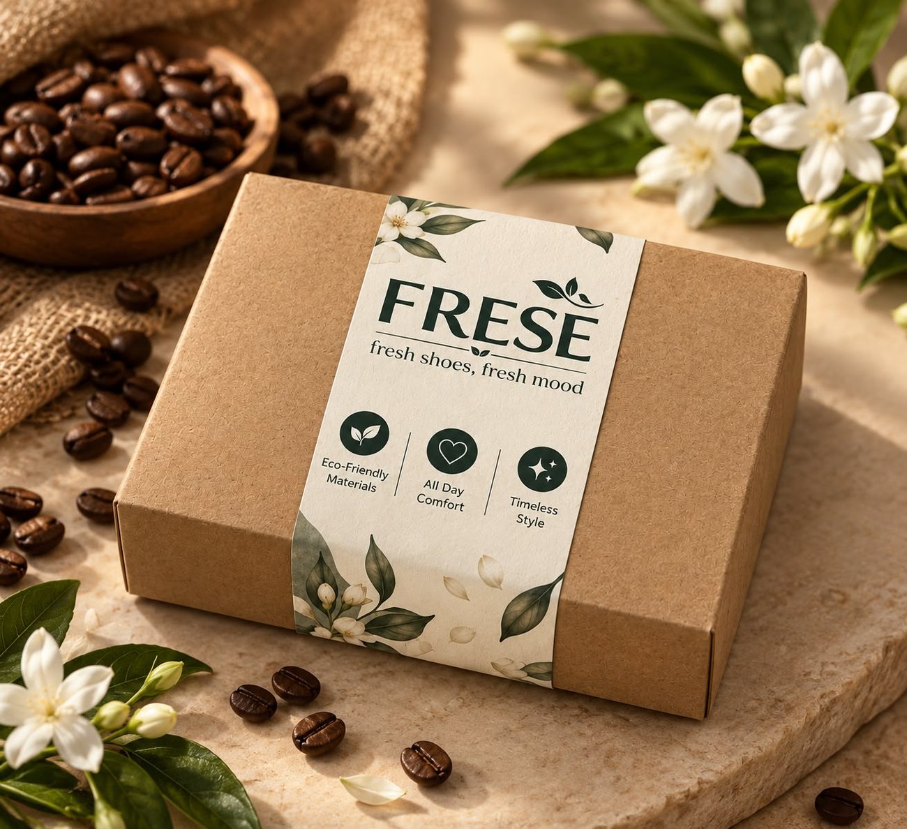 Kotak kemasan FRESÈ berwarna kraft dengan label krem, bunga melati, dan biji kopi